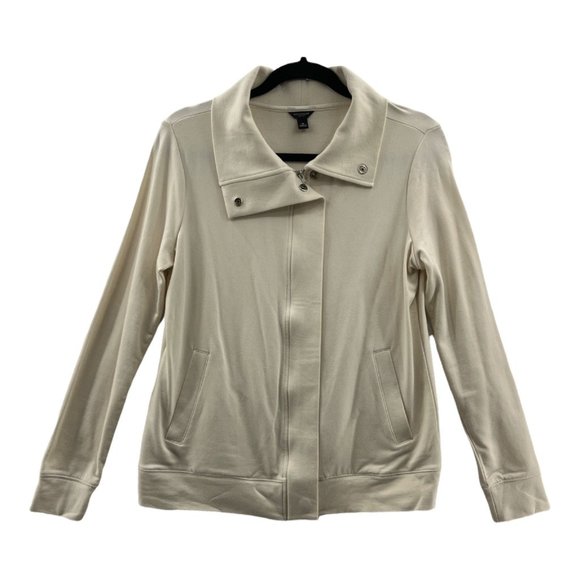 Ann Taylor Womens Jacket Coat Beige Zip Up Stretch Mock Neck Pockets M - Picture 1 of 9